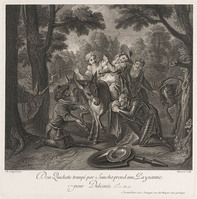 KG 12953
<br/>
Don Quichot houdt een boerin voor Dulcinea.
<br/>
<em>Hausardt (18de eeuw)</em>